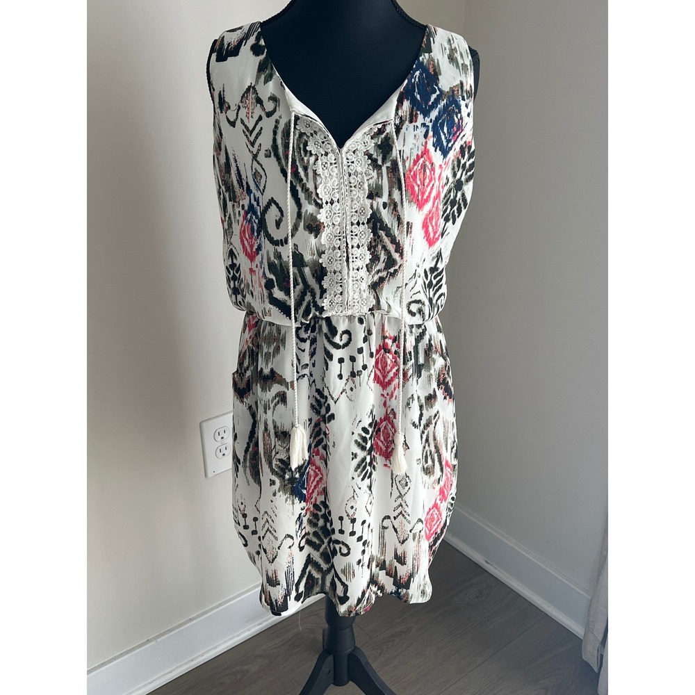 Bisou Bisou Ikat Tribal Print Mini Dress Sleeveless Cinched‎ Waist Lined Size 8